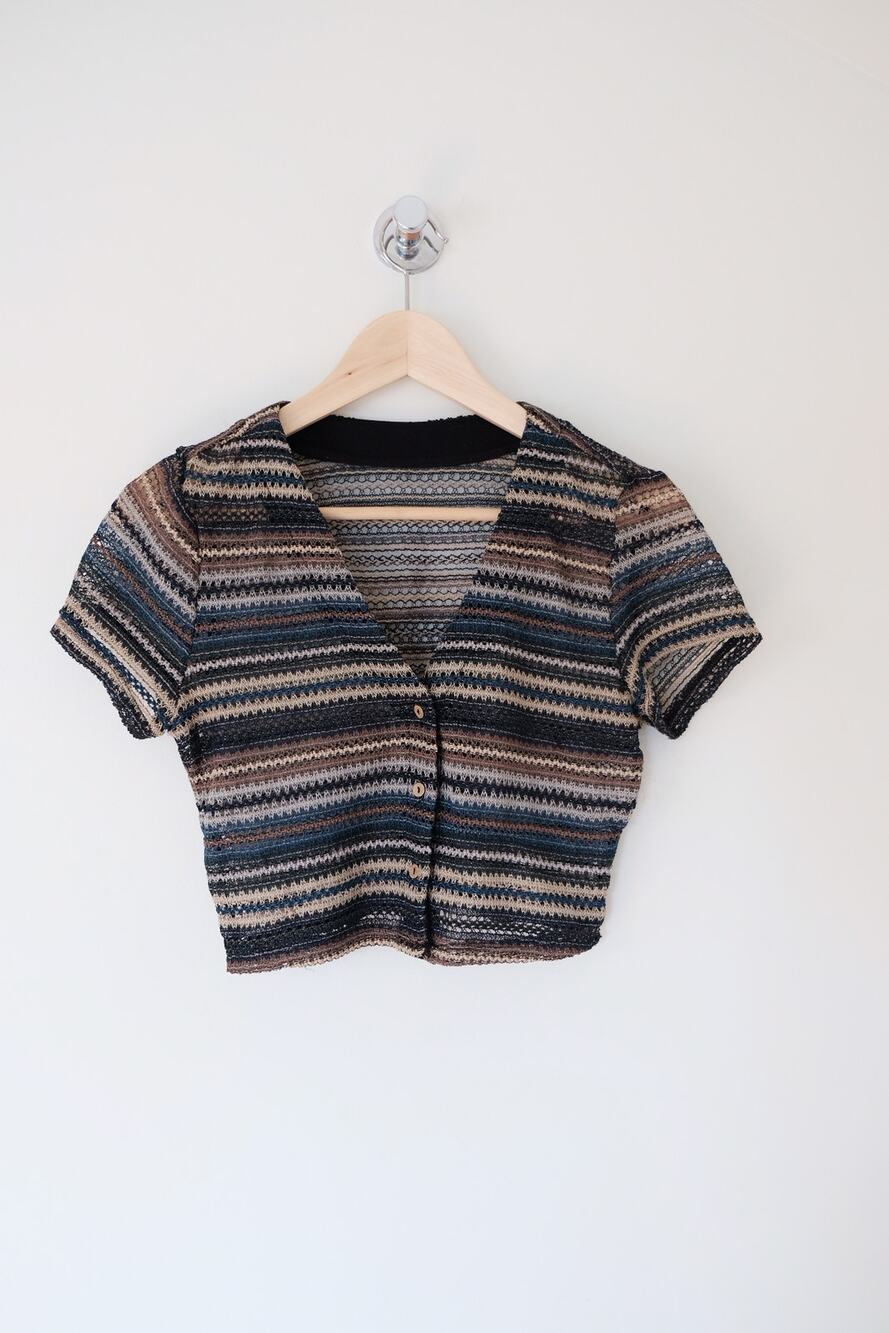 Striped Crochet Knit Crop Top Button Front Sheer Boho Festival No Size Tag